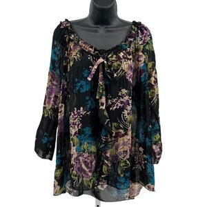 Notations Tunic Blouse 2X Purple Green Pleated Pullover 3/4 Ruffle Trim